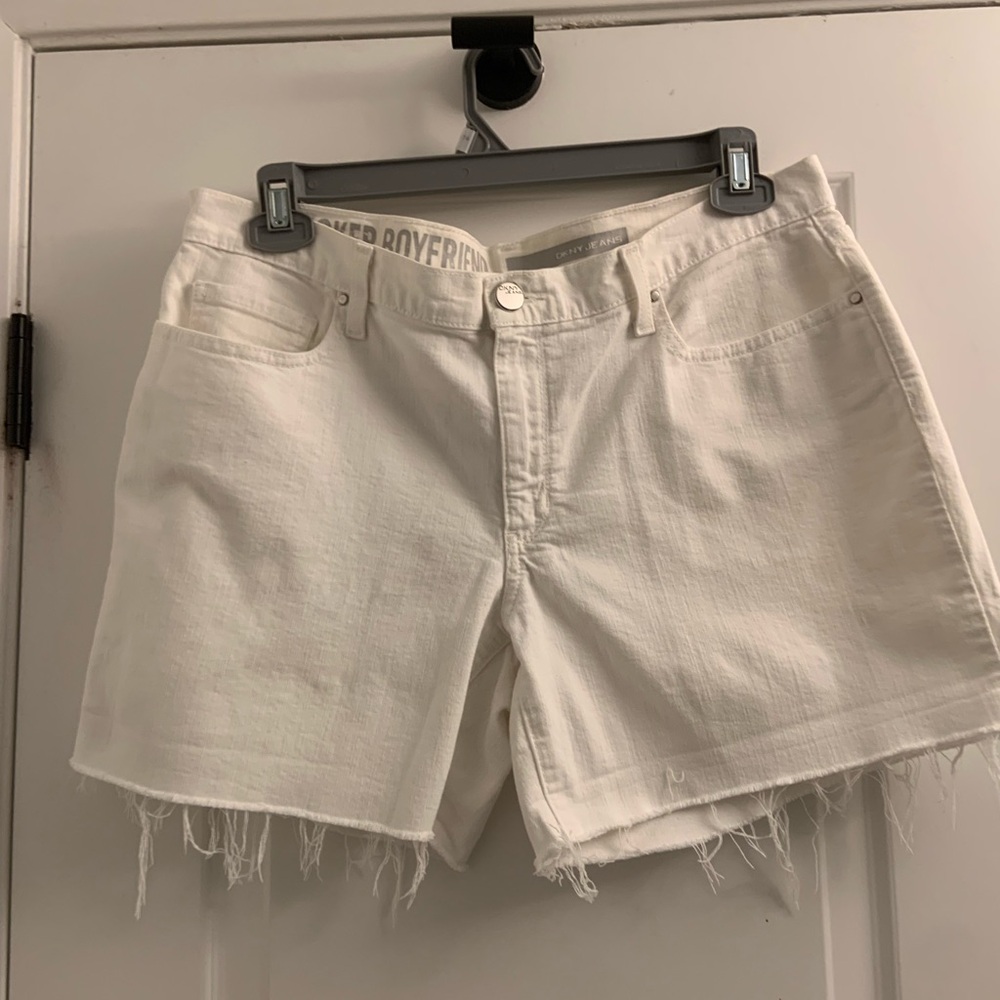 DKNY White Raw Hem Denim Boyfriend Shorts